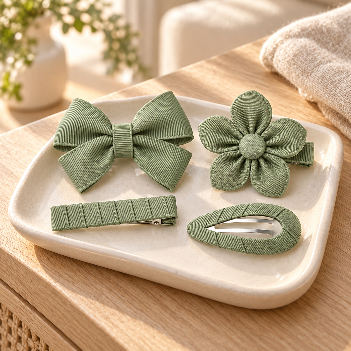 Activemere 4-Piece Sage Green Pet Hair Clip Set with Bow, Flower, Barrette & Oval Snap Clip