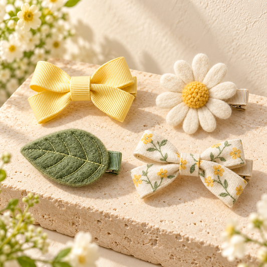 Activemere 4-Piece Garden-Inspired Pet Hair Clip Set with Bow, Daisy, Leaf & Floral Bow