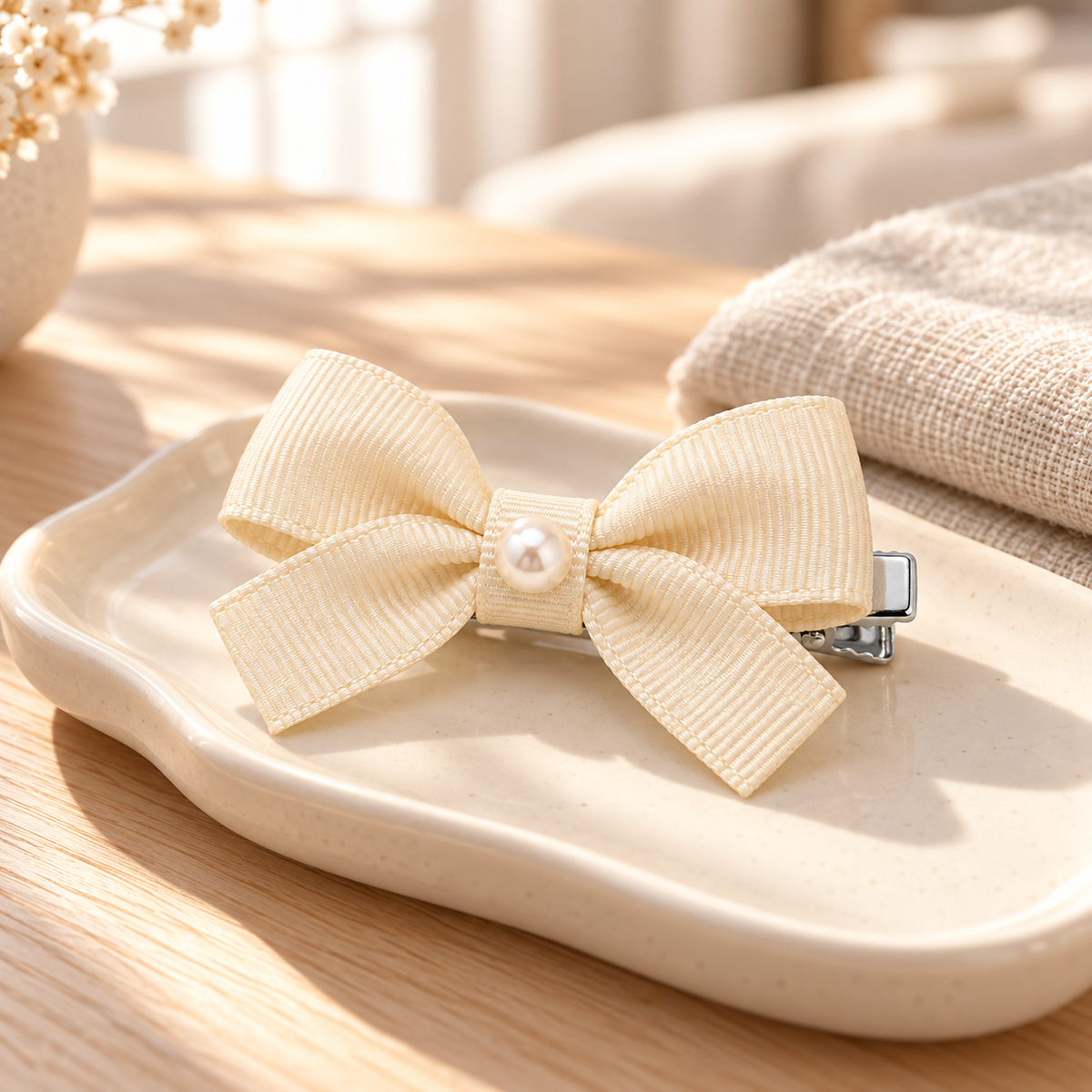 Activemere Champagne Ribbed Bow Pet Hair Clip with Pearl-Look Accent & Metal Alligator-Style Clip