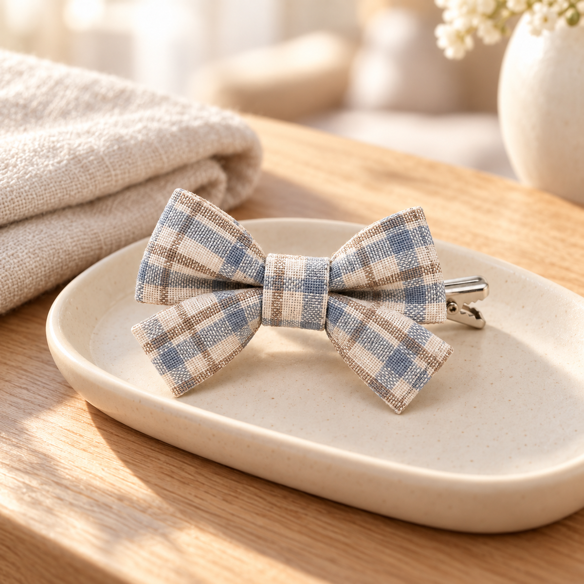 Activemere Blue & Cream Plaid Bow Pet Hair Clip with Metal Alligator-Style Clip