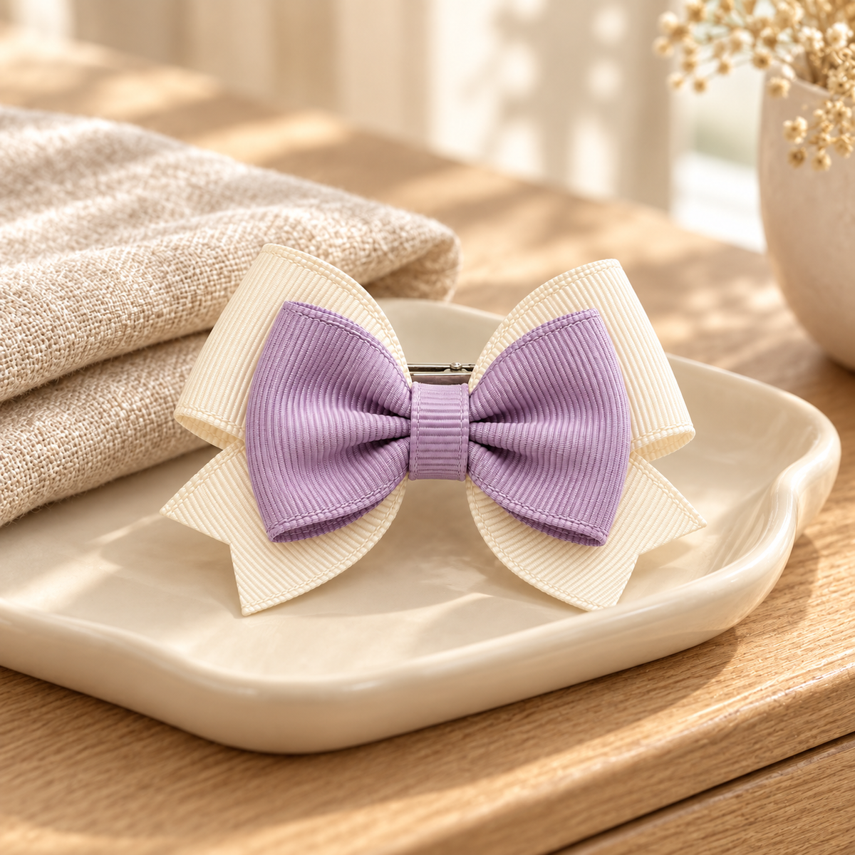 Activemere Cream & Lavender Layered Bow Pet Hair Clip with Metal Alligator-Style Clip