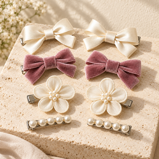 Activemere 8-Piece Bow, Flower & Pearl-Look Pet Hair Clip Set in Cream & Dusty Rose