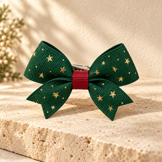 Activemere Green Star-Print Bow Pet Hair Clip with Metal Alligator-Style Clip
