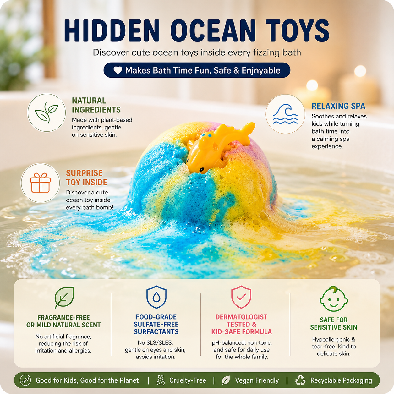 🔥 Limited Time – Save 70% Today 🛫 Gentle Kids Bath Bomb Set – Food-Grade Colors, Surprise Toys & Fun Bath Time Adventures ✈️