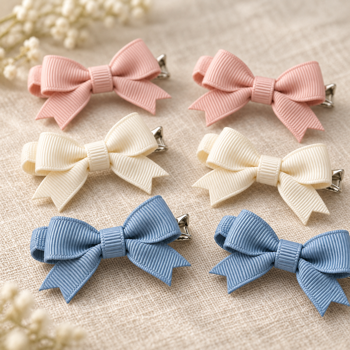 Activemere 6-Piece Ribbed Bow Pet Hair Clip Set in Pink, Cream & Blue