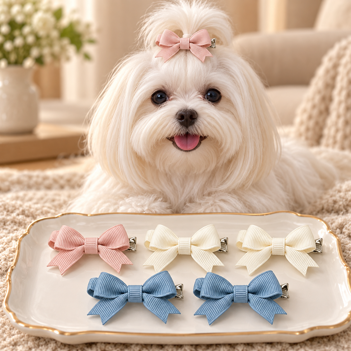 Activemere 6-Piece Ribbed Bow Pet Hair Clip Set in Pink, Cream & Blue