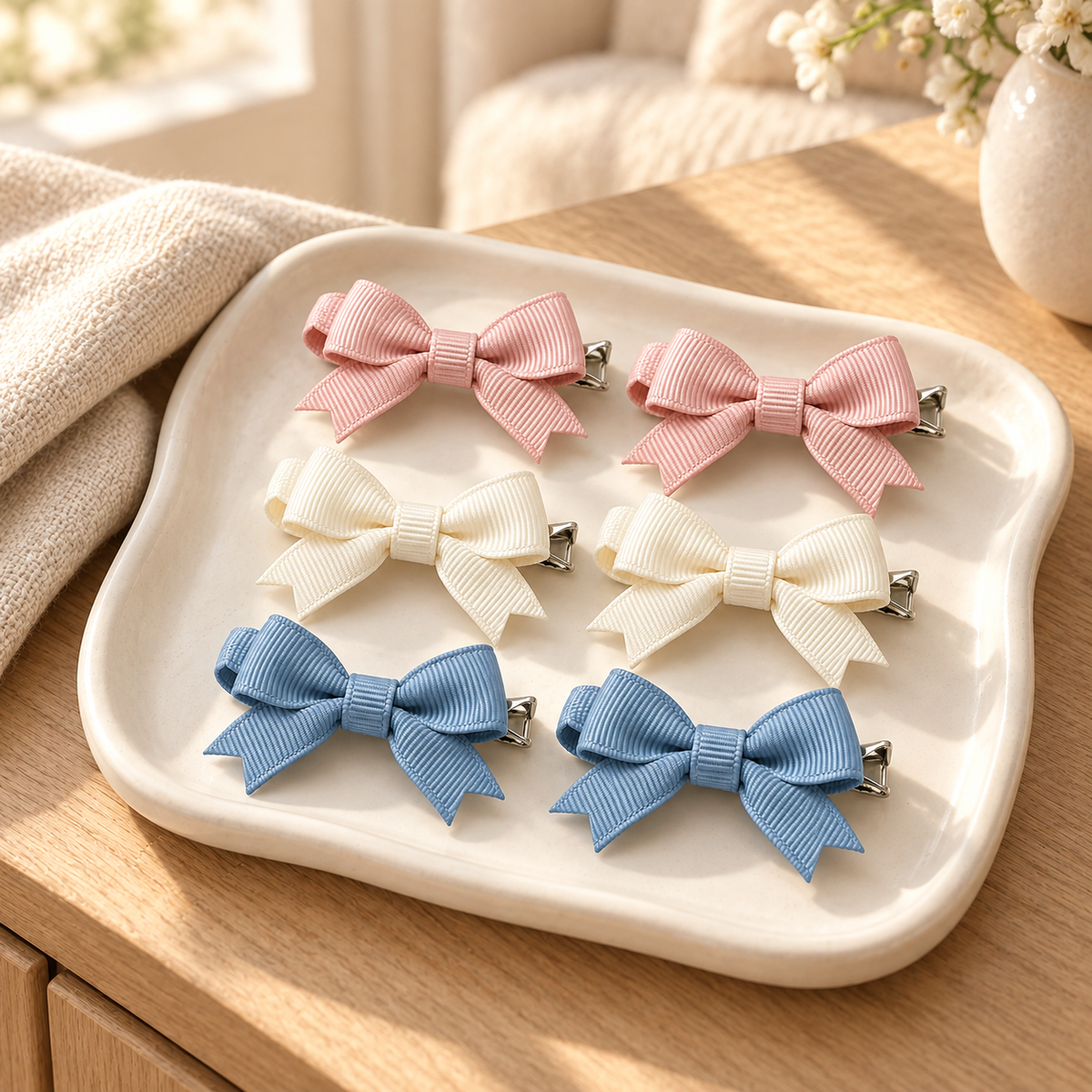 Activemere 6-Piece Ribbed Bow Pet Hair Clip Set in Pink, Cream & Blue
