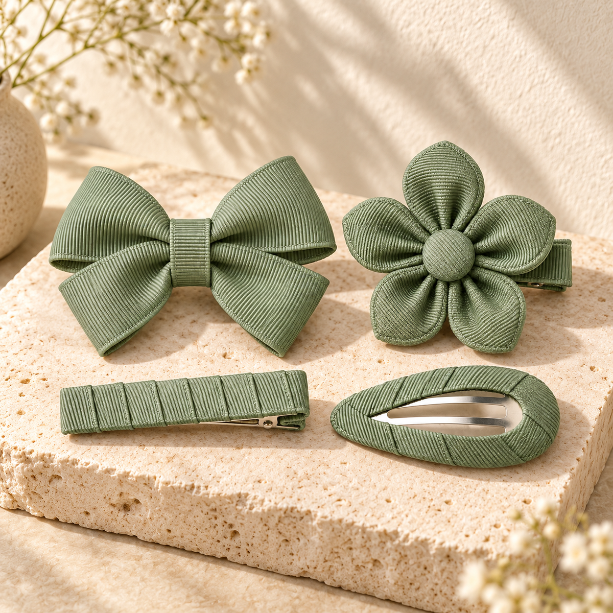 Activemere 4-Piece Sage Green Pet Hair Clip Set with Bow, Flower, Barrette & Oval Snap Clip