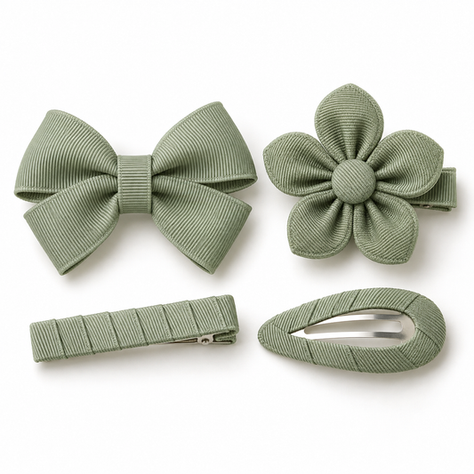Activemere 4-Piece Sage Green Pet Hair Clip Set with Bow, Flower, Barrette & Oval Snap Clip