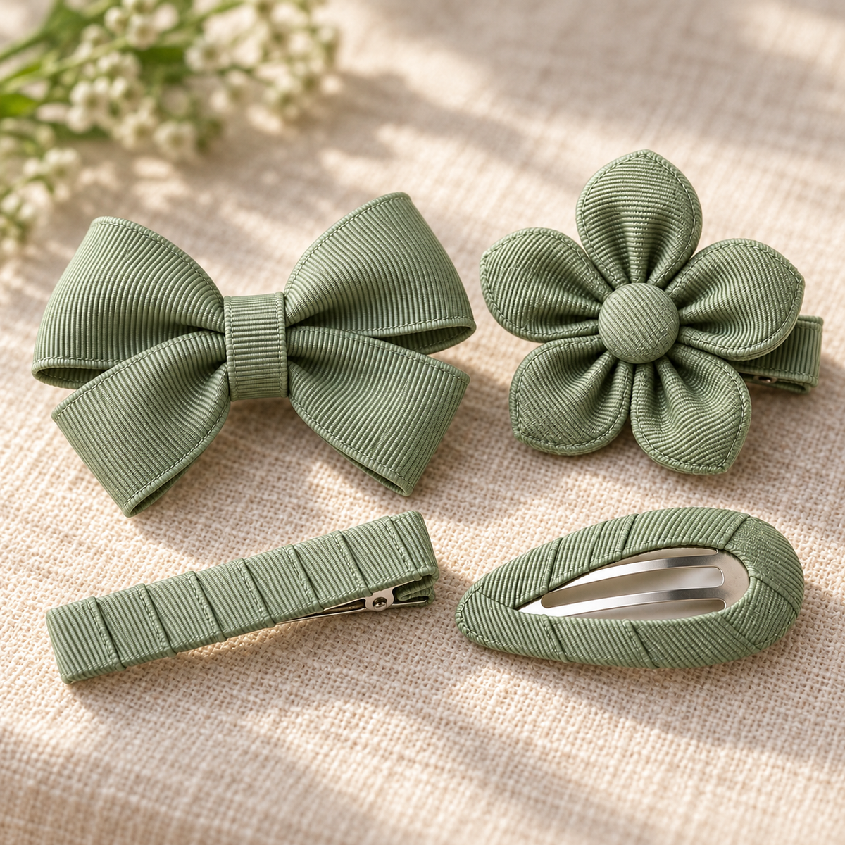 Activemere 4-Piece Sage Green Pet Hair Clip Set with Bow, Flower, Barrette & Oval Snap Clip