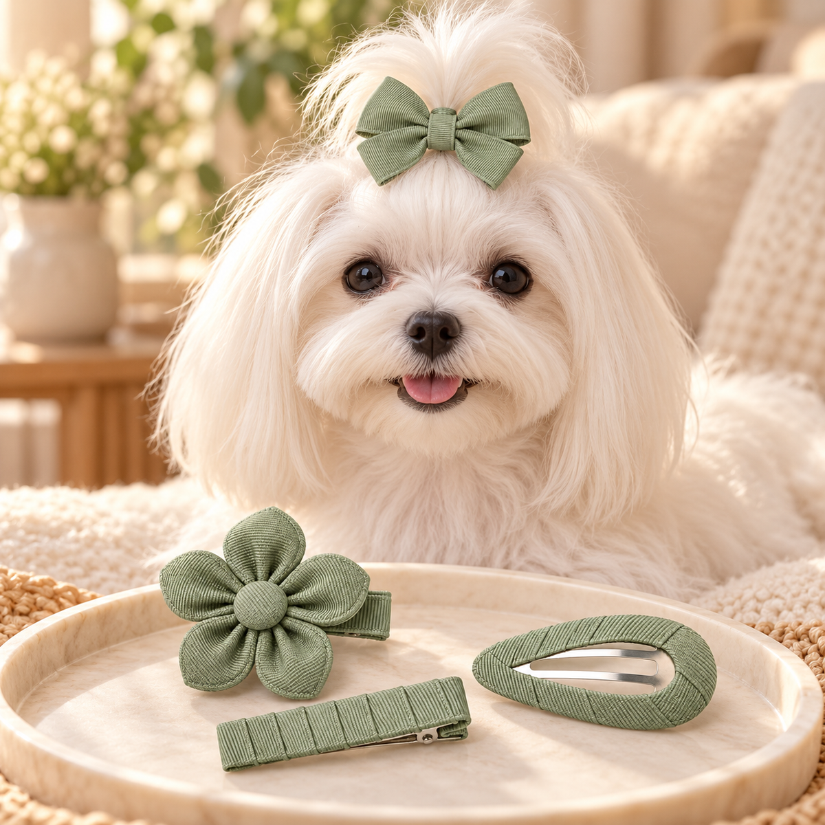 Activemere 4-Piece Sage Green Pet Hair Clip Set with Bow, Flower, Barrette & Oval Snap Clip