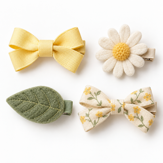 Activemere 4-Piece Garden-Inspired Pet Hair Clip Set with Bow, Daisy, Leaf & Floral Bow