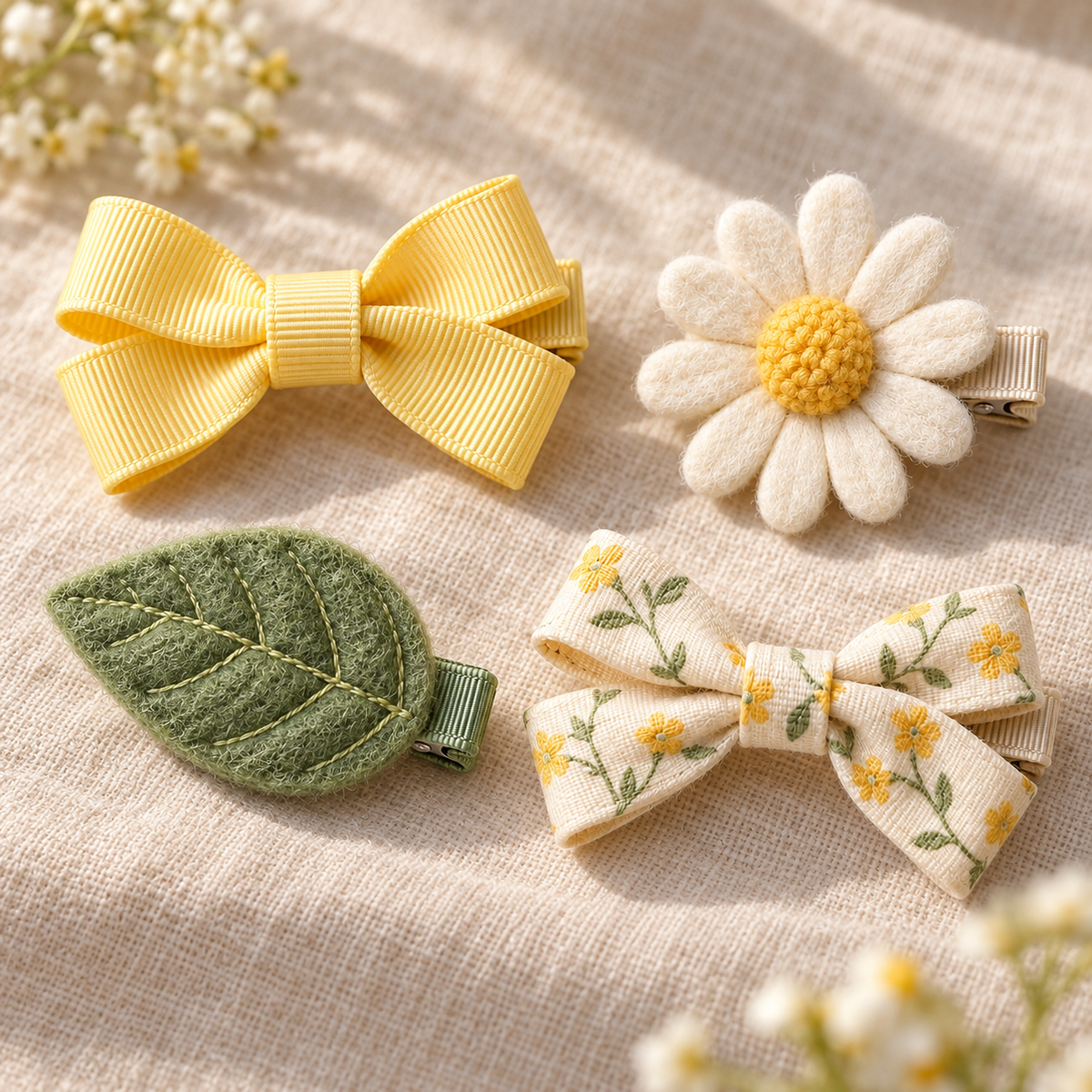 Activemere 4-Piece Garden-Inspired Pet Hair Clip Set with Bow, Daisy, Leaf & Floral Bow