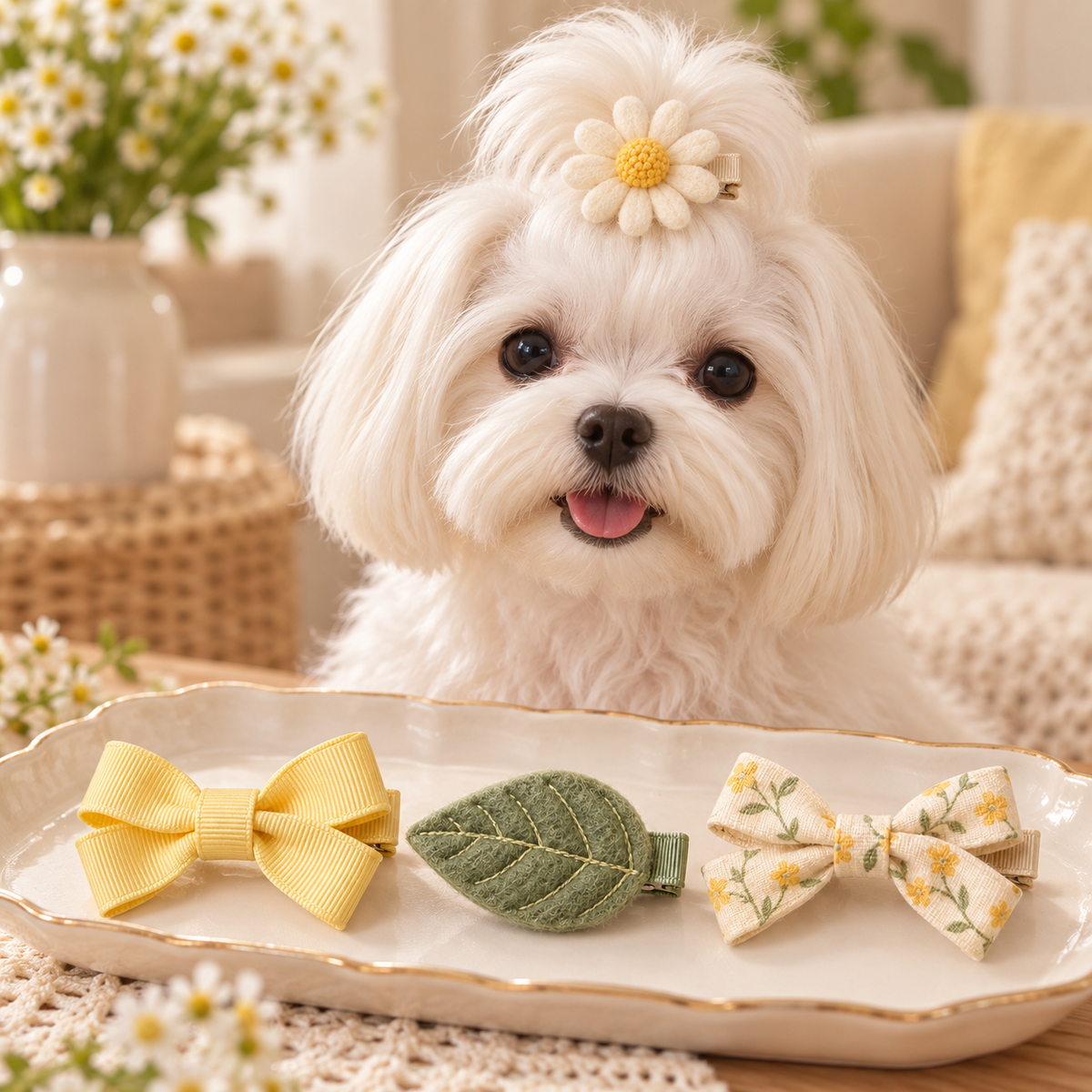 Activemere 4-Piece Garden-Inspired Pet Hair Clip Set with Bow, Daisy, Leaf & Floral Bow