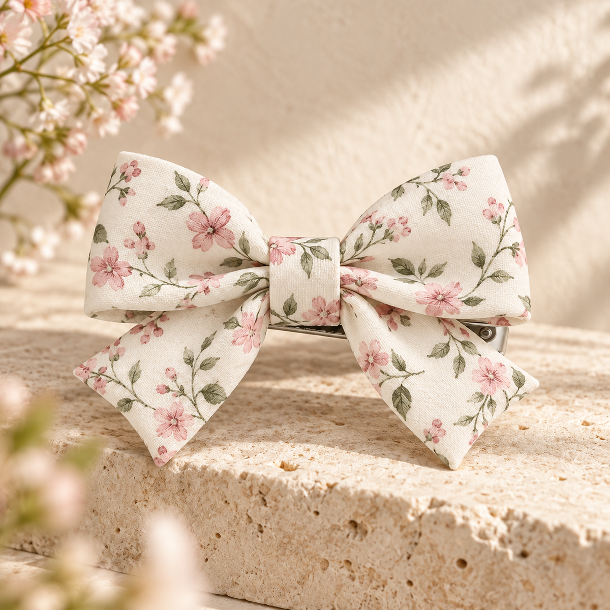 Activemere Cream Floral Bow Pet Hair Clip with Metal Alligator-Style Clip
