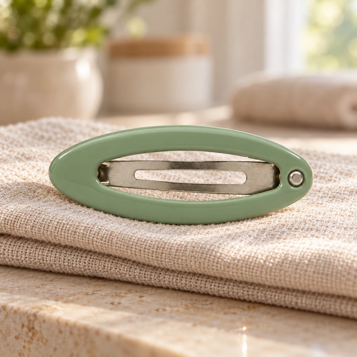 Activemere Sage Green Oval Pet Hair Clip with Silver-Tone Snap Clip