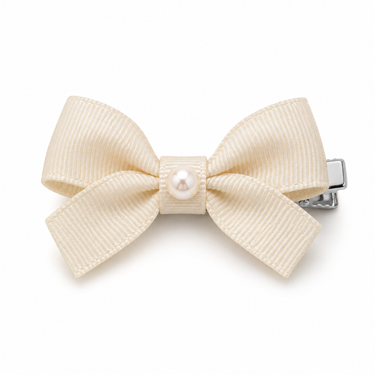 Activemere Champagne Ribbed Bow Pet Hair Clip with Pearl-Look Accent & Metal Alligator-Style Clip