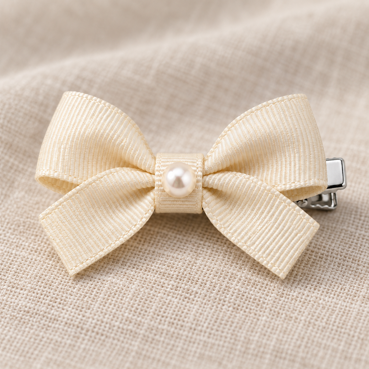 Activemere Champagne Ribbed Bow Pet Hair Clip with Pearl-Look Accent & Metal Alligator-Style Clip