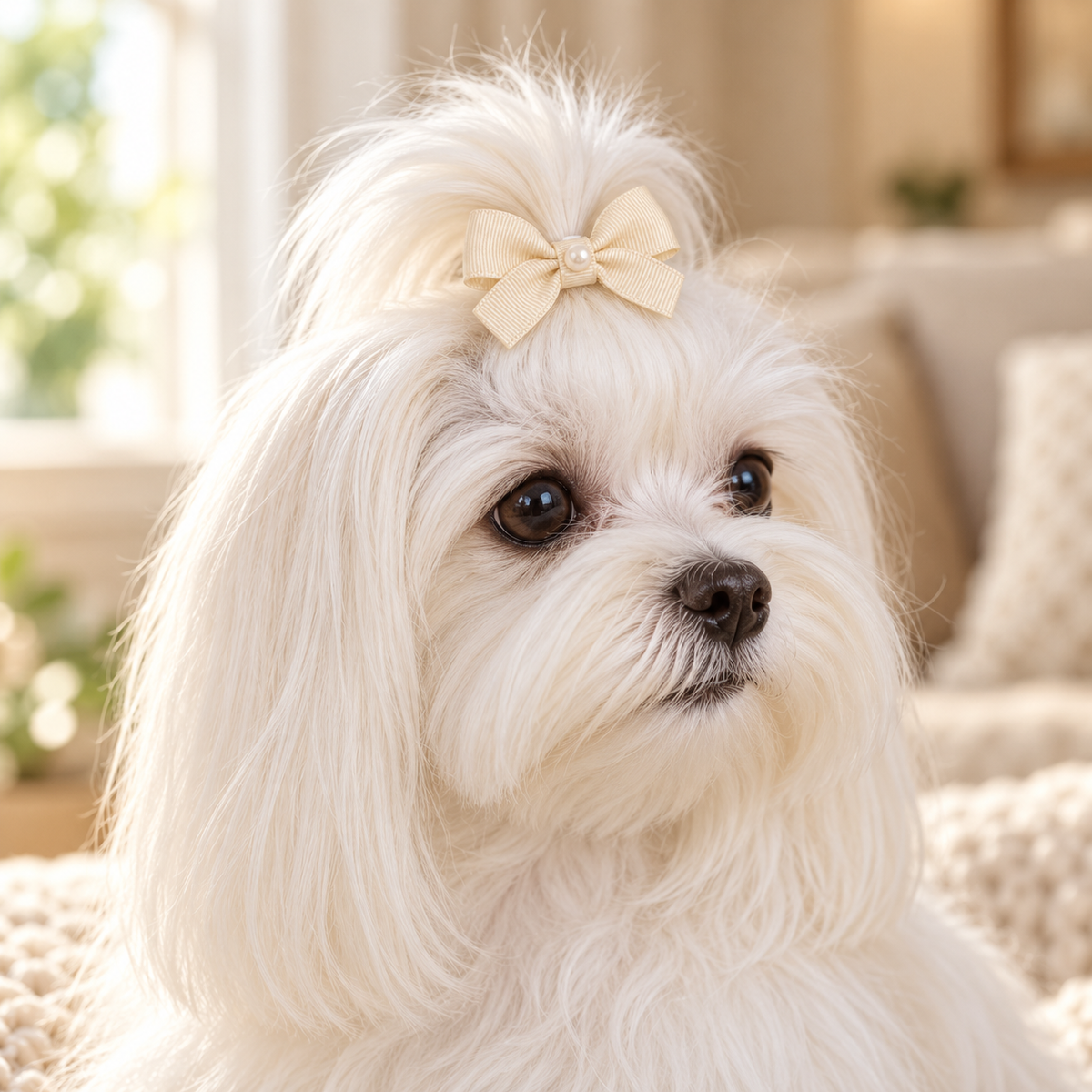 Activemere Champagne Ribbed Bow Pet Hair Clip with Pearl-Look Accent & Metal Alligator-Style Clip