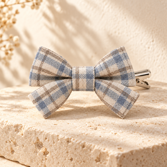 Activemere Blue & Cream Plaid Bow Pet Hair Clip with Metal Alligator-Style Clip