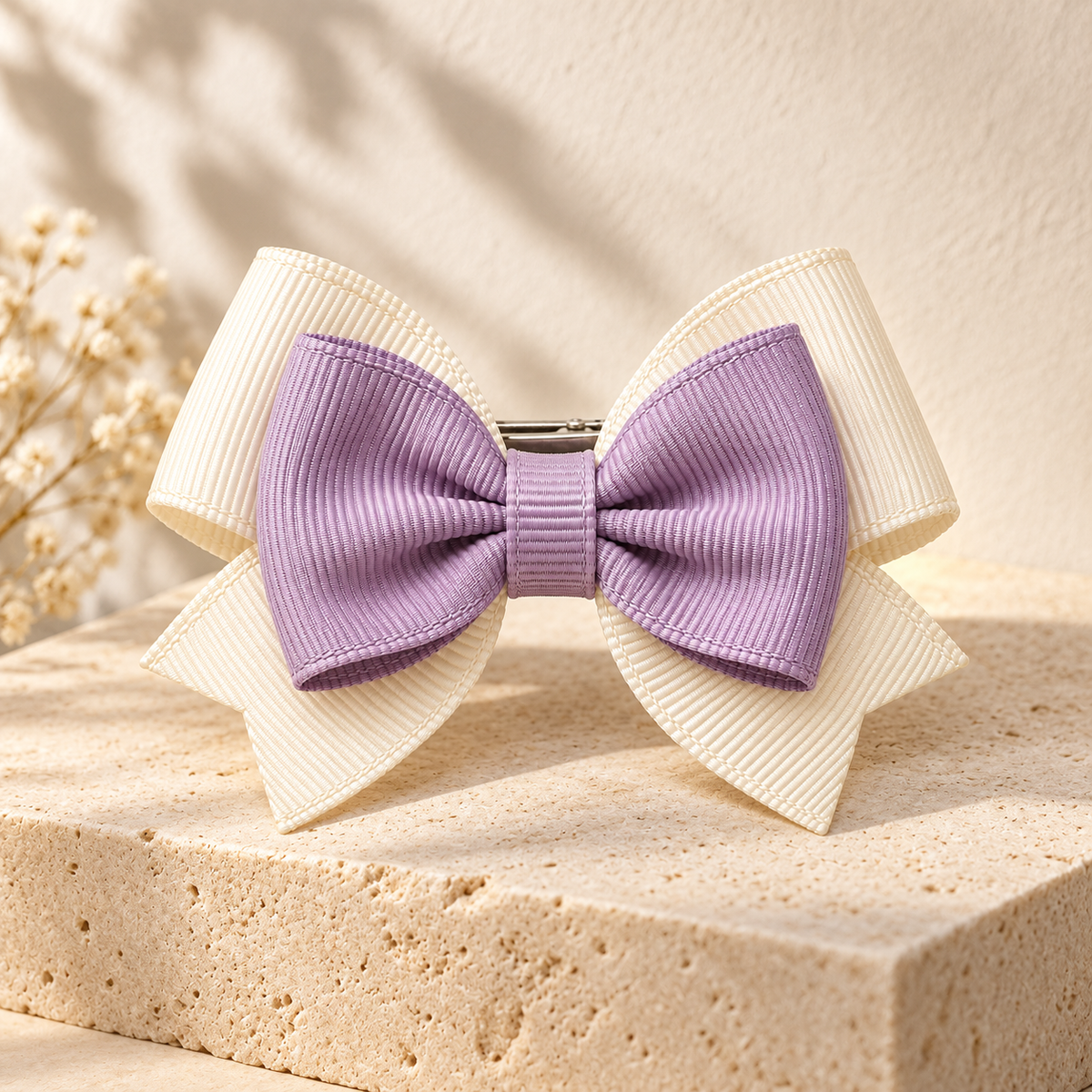 Activemere Cream & Lavender Layered Bow Pet Hair Clip with Metal Alligator-Style Clip