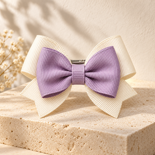 Activemere Cream & Lavender Layered Bow Pet Hair Clip with Metal Alligator-Style Clip