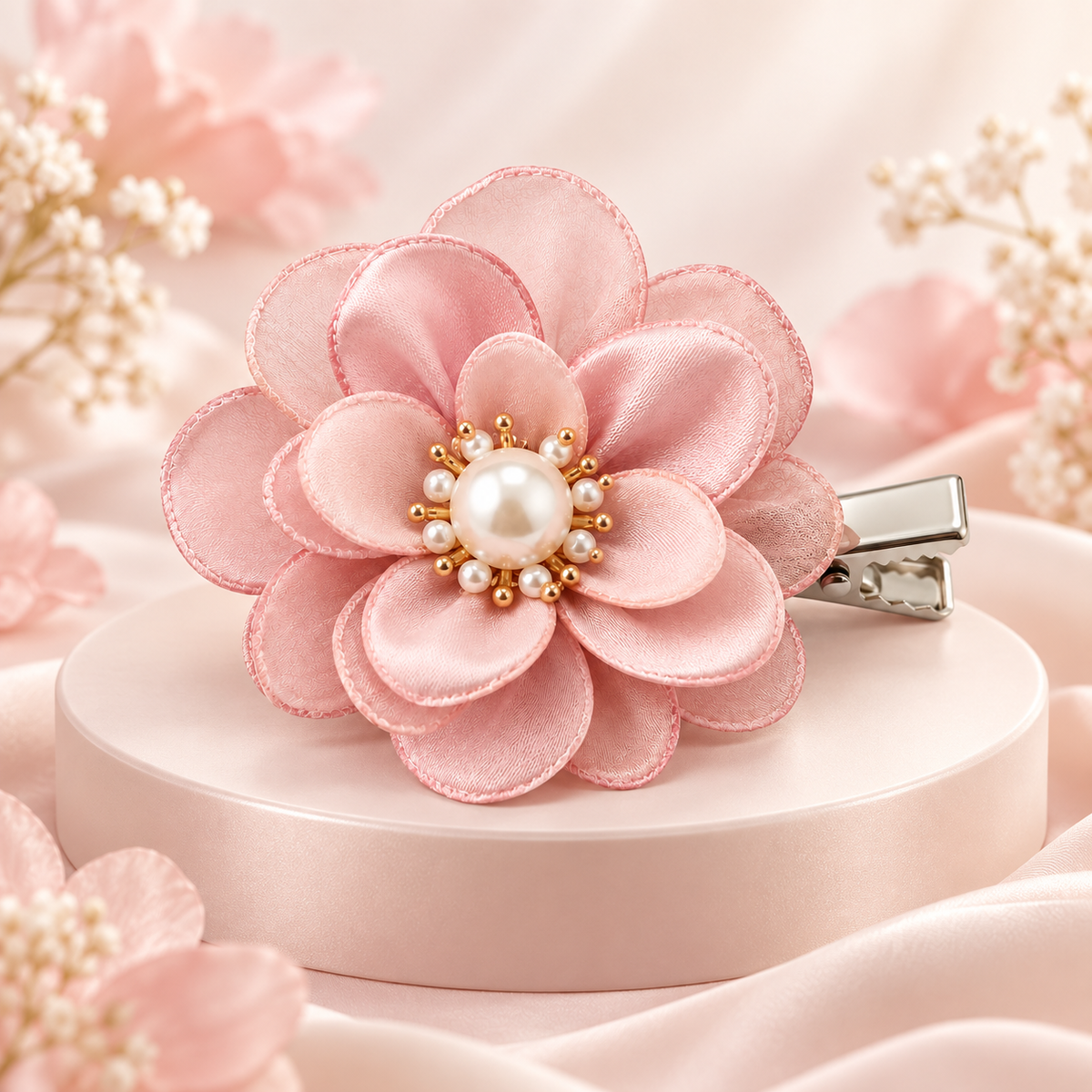 Activemere Pink Layered Flower Pet Hair Clip with Pearl-Look Center & Metal Alligator-Style Clip