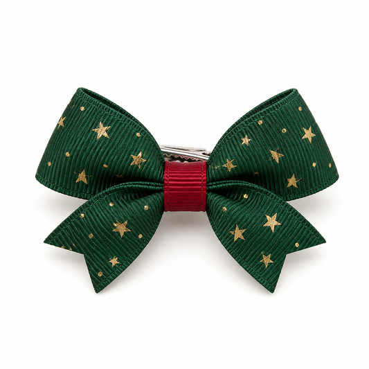 Activemere Green Star-Print Bow Pet Hair Clip with Metal Alligator-Style Clip