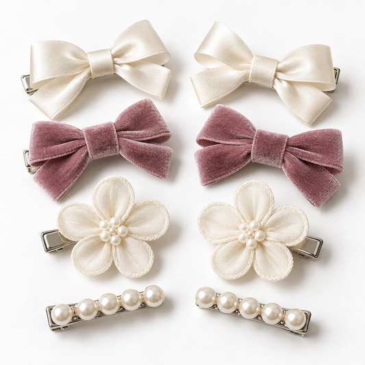 Activemere 8-Piece Bow, Flower & Pearl-Look Pet Hair Clip Set in Cream & Dusty Rose