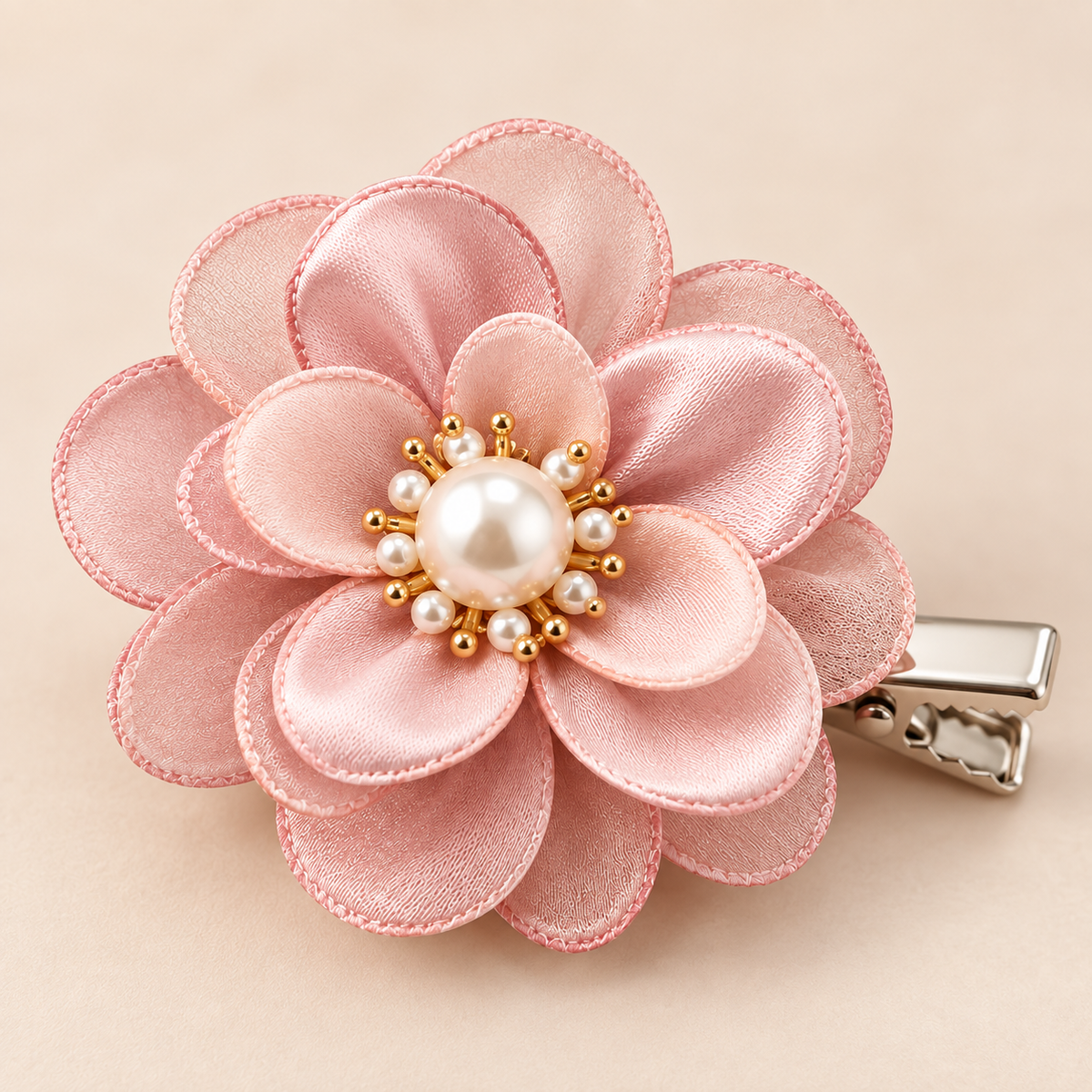 Activemere Pink Layered Flower Pet Hair Clip with Pearl-Look Center & Metal Alligator-Style Clip