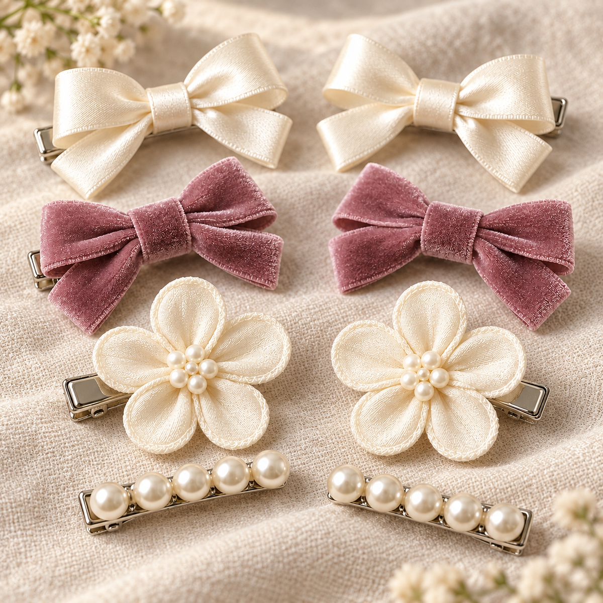 Activemere 8-Piece Bow, Flower & Pearl-Look Pet Hair Clip Set in Cream & Dusty Rose