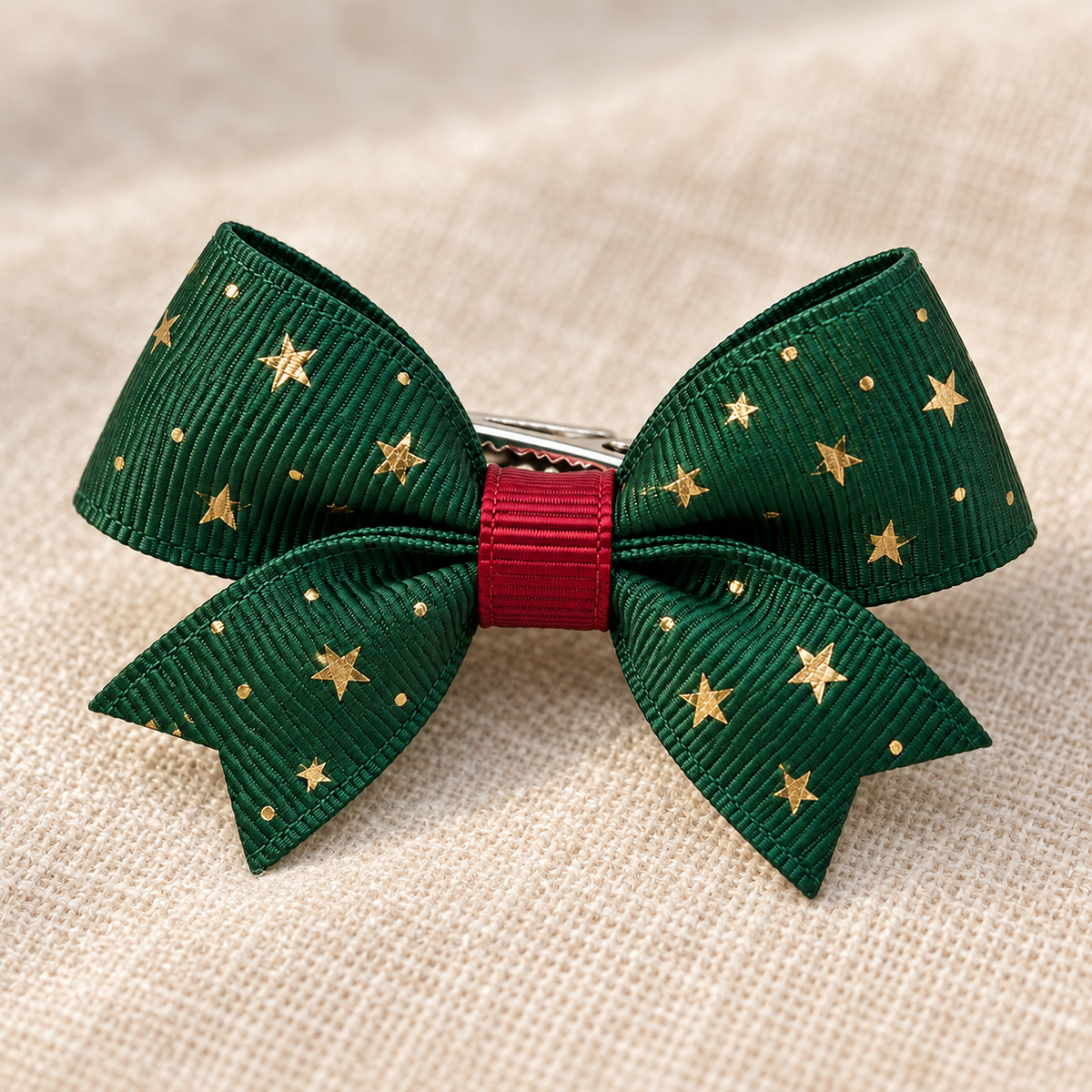 Activemere Green Star-Print Bow Pet Hair Clip with Metal Alligator-Style Clip