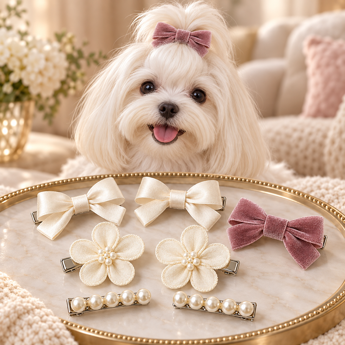 Activemere 8-Piece Bow, Flower & Pearl-Look Pet Hair Clip Set in Cream & Dusty Rose