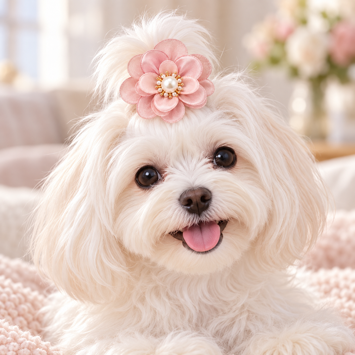 Activemere Pink Layered Flower Pet Hair Clip with Pearl-Look Center & Metal Alligator-Style Clip