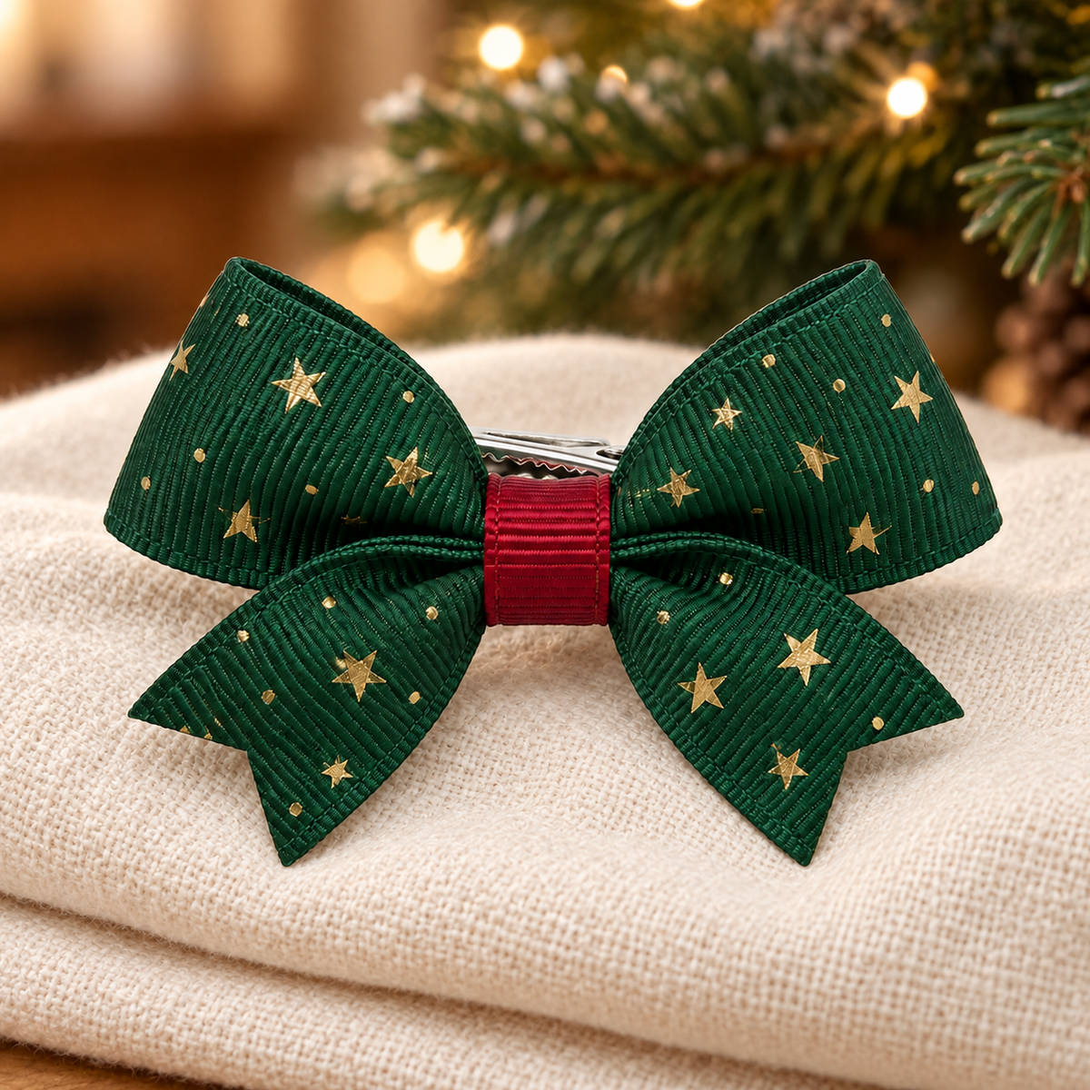 Activemere Green Star-Print Bow Pet Hair Clip with Metal Alligator-Style Clip