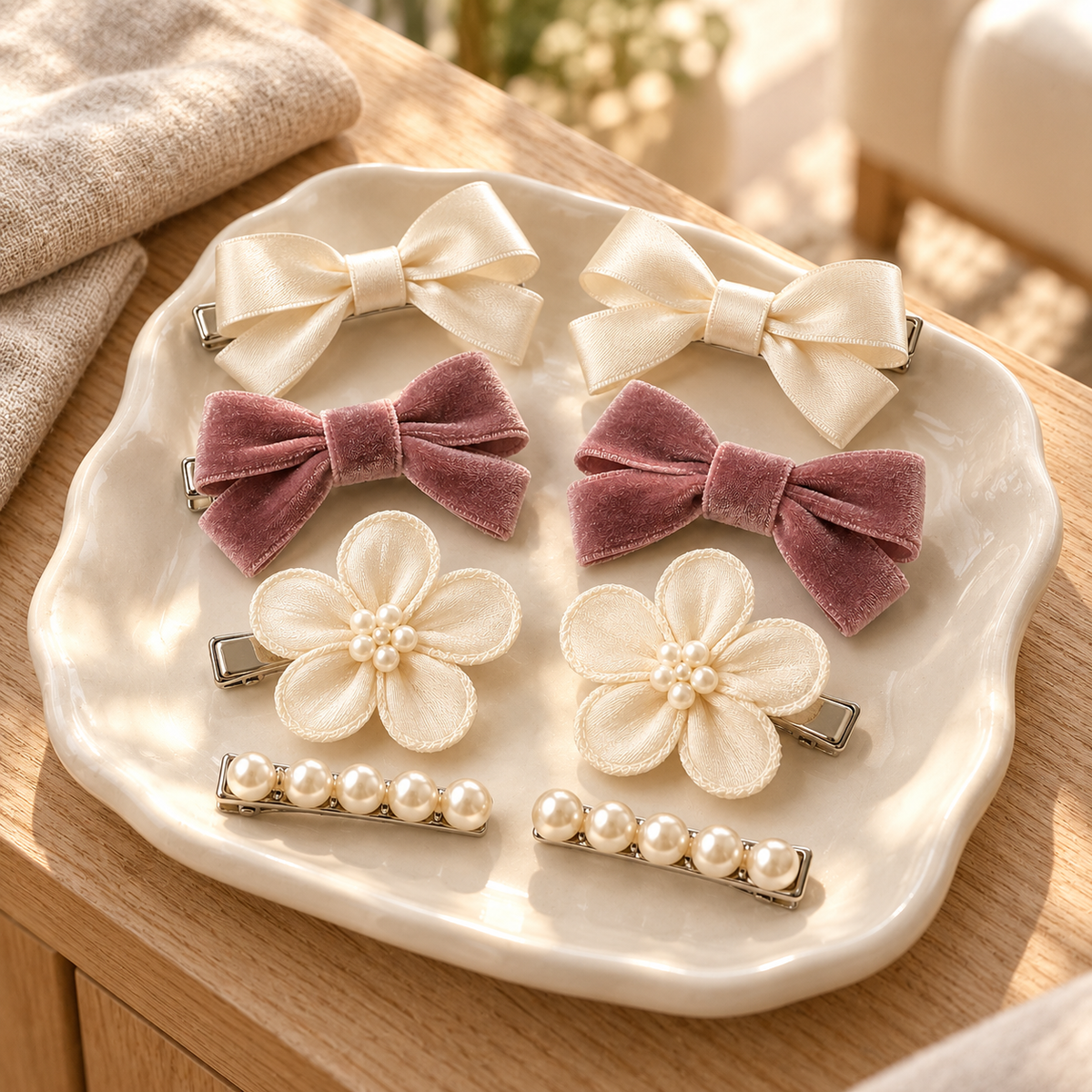 Activemere 8-Piece Bow, Flower & Pearl-Look Pet Hair Clip Set in Cream & Dusty Rose