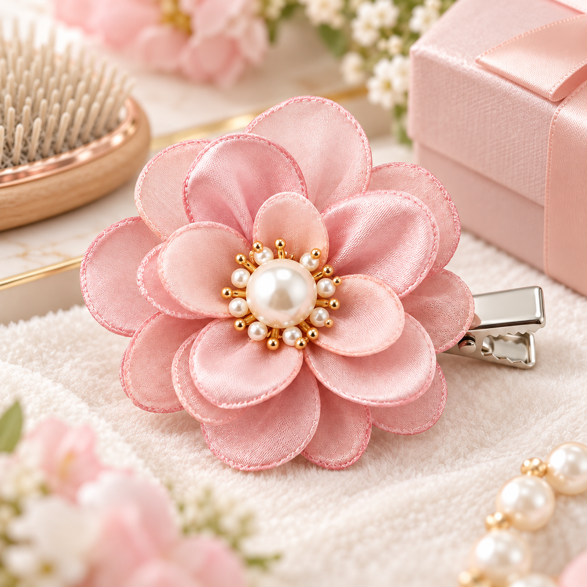 Activemere Pink Layered Flower Pet Hair Clip with Pearl-Look Center & Metal Alligator-Style Clip