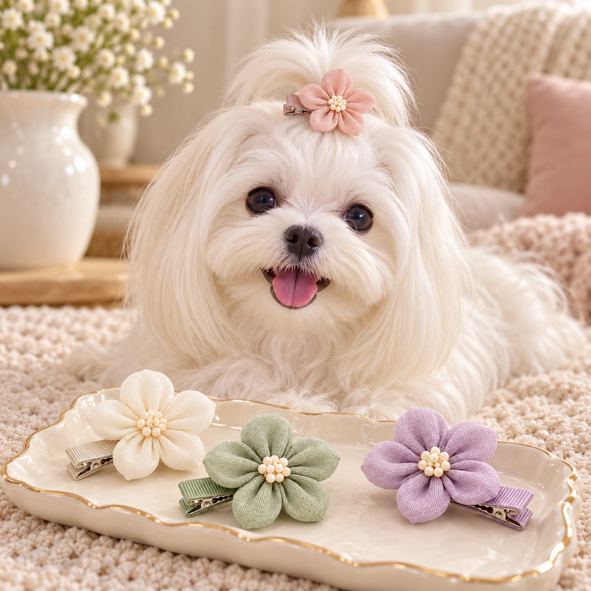 Activemere 4-Piece Floral Pet Hair Clip Set in Pink, Cream, Sage Green & Lavender